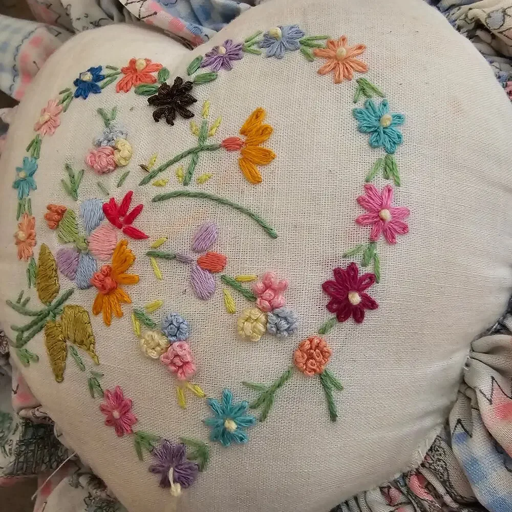 Vintage Floral Needlepoint Heart Patchwork Pillow Pink Cottage Grandmacore Decor